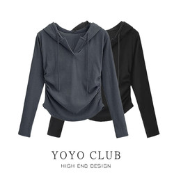 Brand Discount Autumn Plus-Size Hooded Regular Shoulder Long-Sleeve T-Shirt for Women, Slimming Waist Design with Pleated Top