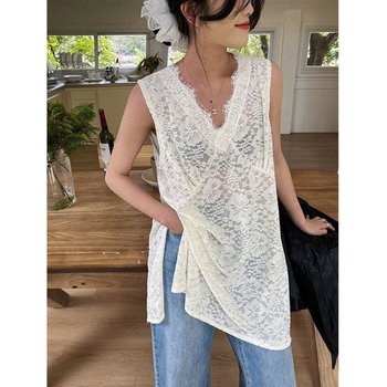 
Summer new large-size fat MM loose V-neck spliced sleeveless top 300Jin [Jin equals 0.5 kg] layered solid color suspender slit vest