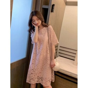Gentle pink lace A-line skirt 300*0.5kg casual belly-covering loose temperament short-sleeved dress extra large size fat girl