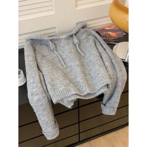 
Brand counter high-end women's foreign trade short hooded sweater for women in autumn and winter thickened small pullover knitted top