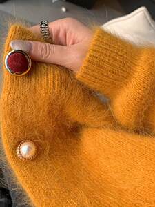 Brand counters Discount Cabinet Women's Foreign Trade Original Single Clear Warehouse Super Sealed yellow raccoon down sweater knitted cardigan