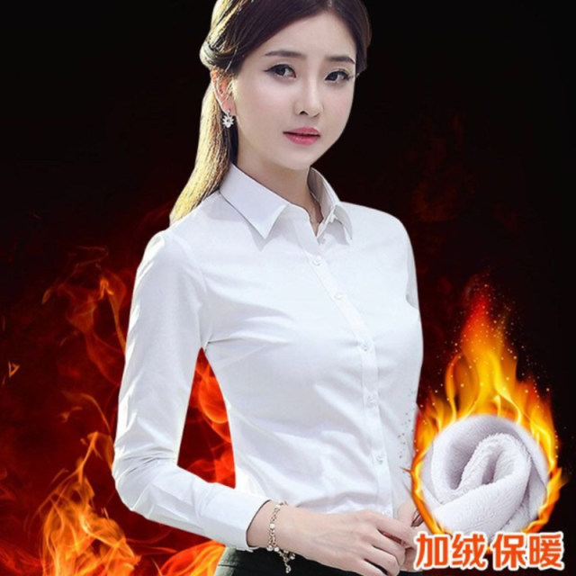 White plush thickened shirt for women with long sleeves autumn and winter warm professional suits, large size work clothes, versatile shirt for women
