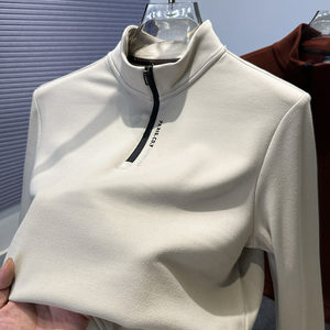 
Half turtleneck brushed double-sided velvet bottoming shirt for men in autumn and winter solid color half zipper stand collar long sleeve t-shirt with trendy inner