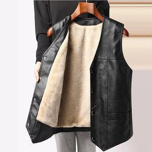 Autumn and winter new leather vest men middle -aged and elderly men plus velvet thickened vest dad big size warmth shoulder jacket