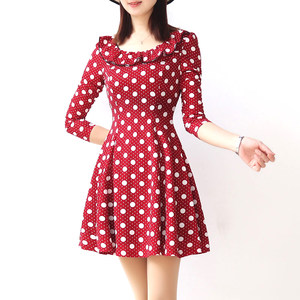 2023秋冬新款女修身显瘦高腰减龄小个子圆领圆点长袖连衣裙A字裙