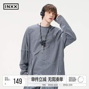 
The same style as the celebrity INXX handmade color brushed long-sleeved T-shirt for men's trendy brand personalized letter bag needle embroidered top couple