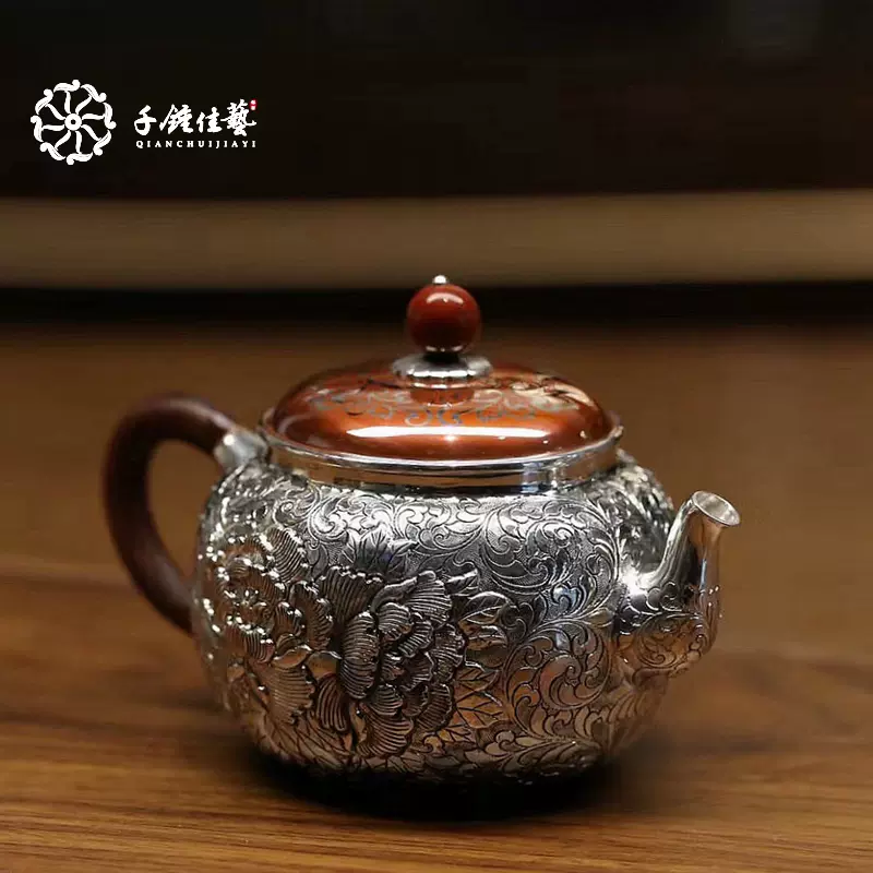 千锤佳艺雪花银壶足银999泡茶壶纯手工浮雕牡丹银茶壶家用银茶具-Taobao 