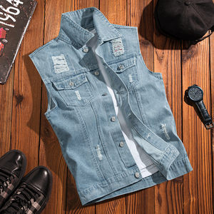 Hong Kong wind retro shoulder vest vest Men's Korean casual handsome students all -round sleeve -free cave denim jacket