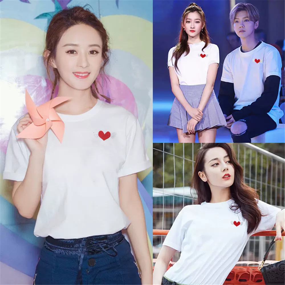 ins超火赵丽颖鹿晗明星同款男女情侣装宽松纯棉刺绣爱心短袖t恤潮-Taobao