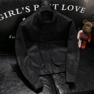 
2023 Spring and Autumn New Trendy Men's Handsome Stand Collar American Motorcycle Leather Jacket Short Baseball Leather Jacket Retro Jacket