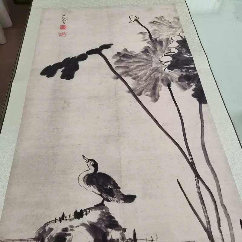 八大山人朱耷荷花水禽图复古水墨书画国画真迹微喷仿古装裱装饰画-Taobao