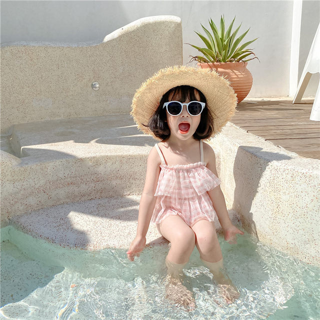 2025 Korean version new children's split fashion swimsuit pink plaid dream mesh cute children's split swimsuit