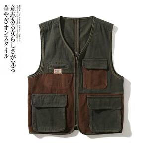 
American heavyweight washing retro multi-pocket work vest vest men and women bf loose casual color-blocking top jacket