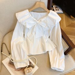 High-End Brand Women's Clothing with Cut Tags, Lace-Up Bow Long-Sleeve Shirt, Spring French Chic Slim-Fit Top