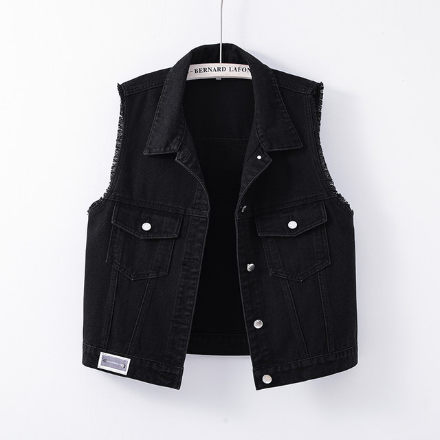 Black denim vest, short lady in spring and autumn, loose and versatile casual woolen edgeless horses, horses, shoulder jackets