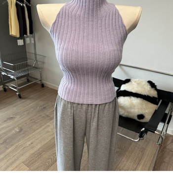 Xianxianer Xiangtao purple halter neck turtle neck knitted sleeveless vest slim base shirt top