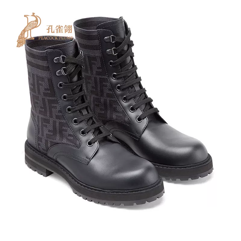 FENDI/芬迪新款男鞋时尚经典系带FF图案动感条纹马丁靴-Taobao