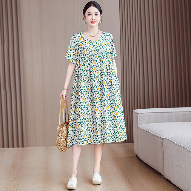 Summer middle-aged and elderly women's cotton silk dress plus fat large ...