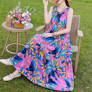 Summer new long skirt cotton silk dress French temperament suspended beach skirt women's sleeveless vacation showing thin skirt