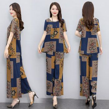 
Summer thin style temperament mother suit two-piece short-sleeved top for women 2025 new large-size casual middle-aged and elderly suit