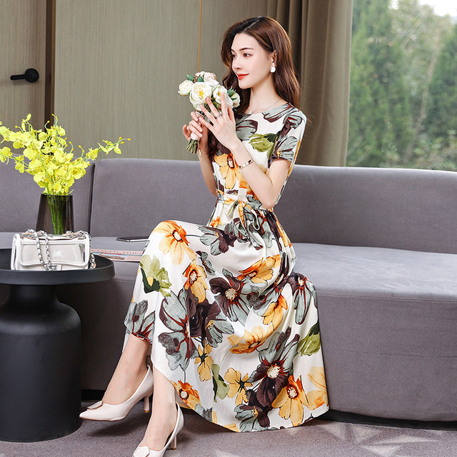 Temperament pure cotton silk dress for women 2025 new middle-aged mother summer clothes large size fashionable middle-aged and elderly long skirt