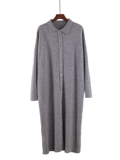 Lapel Full Sleeve Solid Long Knitted Dress Female vestidos