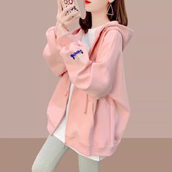 2025 Spring and Autumn New Women's Pure Cotton Jacket Sweatshirt Cardigan Zipper Mid-Length Covering the Hips Popular Top with Hood