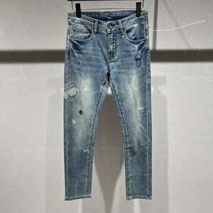 
European station spring and summer men's jeans small feet slimming trendy brand fashion little old man light blue and white casual trousers