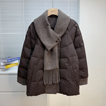 
Mom's winter white duck down down clothes spliced scarf collar top middle-aged and elderly noble thickened warm coat for women