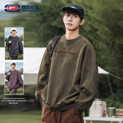 [Ao Ruipeng Endorsement] Geniolamode Trendy Brand Sweatshirt for Men, American Retro Round Neck, Autumn and Winter, Fleece-Lined, Loose Fit