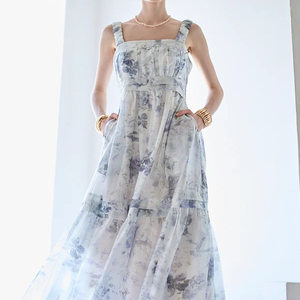 
Smile print/polka dot Back waist-hugging lace-up bow pleated high-waist sleeveless suspender dress