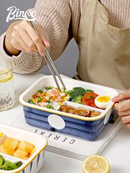 Japanese Ceramic Compartment Lunch Box, Microwaveable Food Container with Lid for Office Workers and Students, High-Quality and Aesthetically Pleasing Bento Box