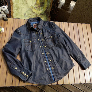 Enzyme washing old lightweight Bengal indigo tea core calf leather heavy industry embroidery bag flower shirt men and women neutral