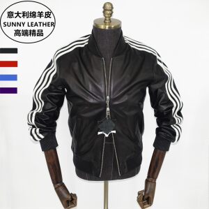 
Italian Napa sheepskin full-length threaded three-bar Beckham leather leather jacket men's baseball uniform