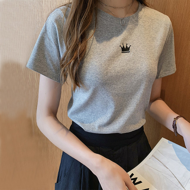 Short-sleeved T-shirt for women slim 2021 new Korean version gray loose ...
