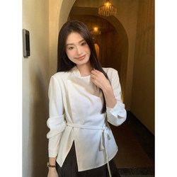 Wenran Korean Style Lace-Up Side-Button Long-Sleeve Shirt for Women, Spring and Summer Round Neck Waist-Cinching Niche Design Shirt