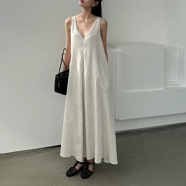 ELSISSI spring new product temperament simple casual V-neck long skirt women's fashionable vest big sway dress ES8382