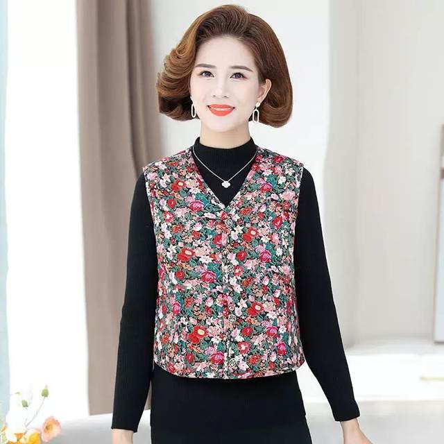 Autumn and winter flower cotton jacket for women for women horse clips with thickened fit warm vest for middle-aged and elderly people for winter grandma camel lint cotton
