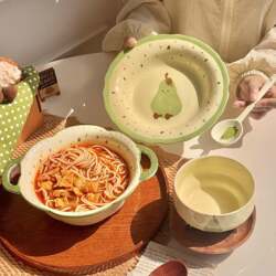 Cute Green Pear Ceramic Bowl, Single-Serving Tableware, Household Double-Handle Ceramic Soup Bowl, Rice Bowl, Breakfast Plate, Bowl and Dish Set