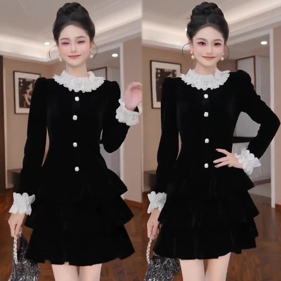 
Lace collar spliced velvet dress women's 2025 winter new high-waisted slimming Korean style age-reducing women's skirt mid-length skirt