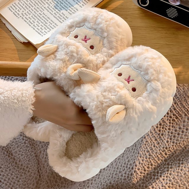 Cute lamb cotton slippers women's bag heel winter indoor home thick-soled non-slip confinement shoes plus velvet warm wool slippers
