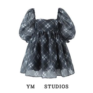 
Design new style women's one-length polka sleeve plaid printed high-waist dress Organza short skirt women