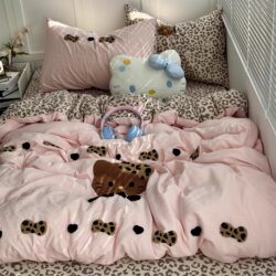 Girl's ins Pink Leopard Print Cat Towel Embroidery Washed Cotton Four-Piece Set, All-Cotton Duvet Cover, Dormitory Bed Sheet Three-Piece Set