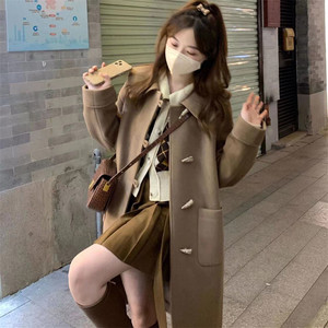 Coat 2023 new thickened autumn and winter woolen small windbreaker with cow horn buckle coat, medium length and high-end feeling