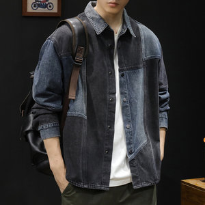 
Blue and black stitching trendy men's shirt jacket men's spring and autumn tops denim shirts men's long sleeves 2024 new style