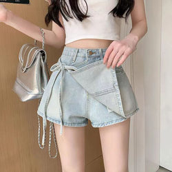 Irregular Denim Shorts for Women, Summer 2025 New Style, Wide-Leg High-Waisted Skirt Pants, Petite American-Style Hot Pants