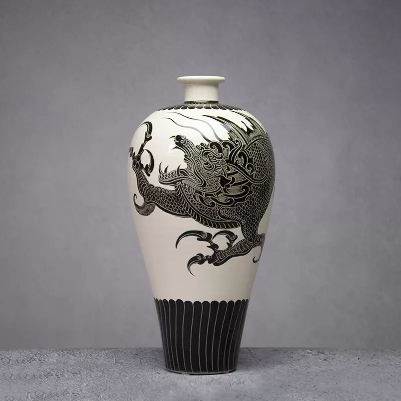 磁州窑精品祥龙瓷瓶中国风装饰品手绘雕刻瓷器客厅花瓶工艺品摆件-Taobao