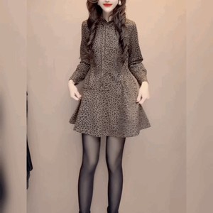 
Ruffled waist slimming shirt dress design A-line skirt retro leopard print polo collar long-sleeved dress for women