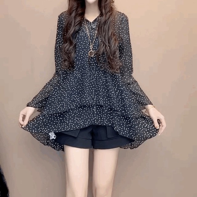 Design-sensual leopard print chiffon mid-length shirt for women V-neck black polka dot top flared sleeves ruffled chiffon shirt
