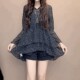 Design-sensual leopard print chiffon mid-length shirt for women V-neck black polka dot top flared sleeves ruffled chiffon shirt